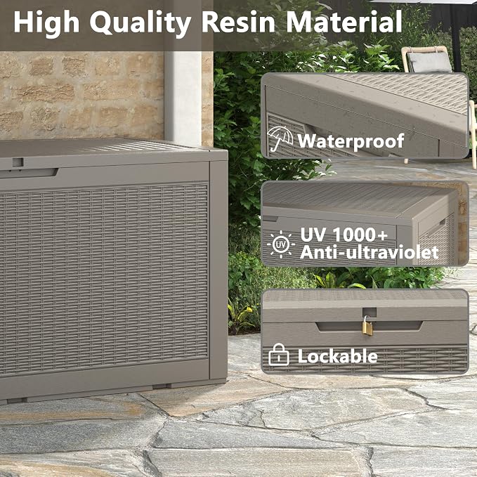 Outdoor Storage Deck Box, 101 Gallon Grey Resin, Waterproof and Lockable