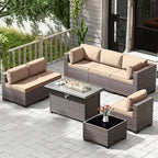 Kullavik 8 Pieces Outdoor Patio Furniture Set with 43" 55000BTU Gas Propane Fire Pit Table PE Wicker Rattan Sectional Sofa Patio Conversation Sets,Khaki