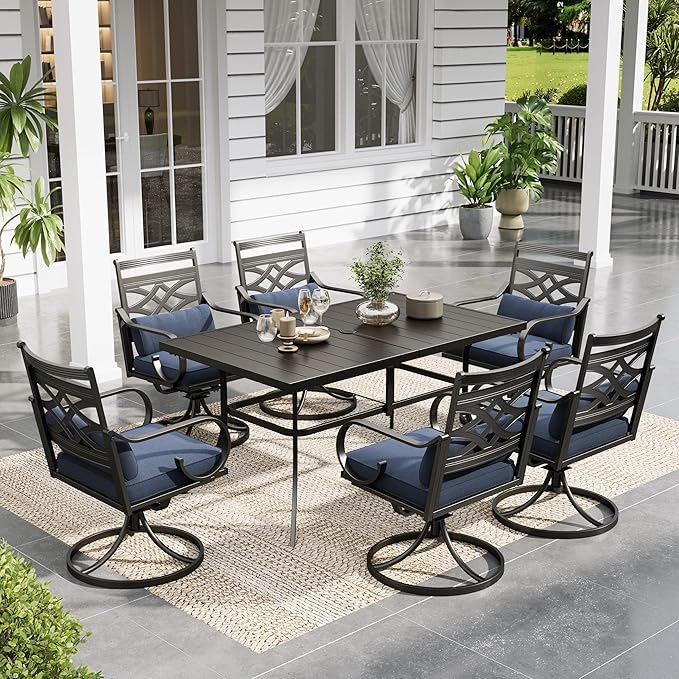 Sophia and William Swivel Patio Dining Set for 6, Outdoor Table and Chairs, Removable Blue Seat Cushions, 60" Black Patio Dining Table,Blue