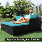 COSTWAY Outdoor Patio Rattan Daybed, Sponge Cushioned Loveseat Sofa with 4 Pillows, Wicker Furniture Sunbed for Balcony, Courtyard (Turquoise)