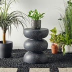Glitzhome Outdoor Side Table Set of 2, 18" H Decorative Garden Stool MgO Faux Terrazzo End Table, Heavy Duty Indoor Outdoor Round Planter Stand for Living Room Bedroom Patio Deck Poolside,Black
