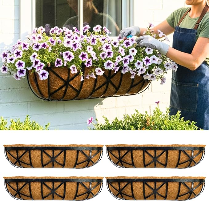LaLaGreen 30 Inch, 4 Pack Window Boxes Planters – Black Metal Window Boxes for Outdoor Plant, Wall Mount Flower Pot with Coco Coir Liner, Attach to House Fence Balcony Herb for Patio Porch Garden