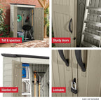 Rubbermaid Vertical Resin Outdoor Storage Shed With Floor (4 x 2.5 Ft) Weather Resistant Beige/Brown Organization for Home/Backyard/Pool Chemicals/Toys/Garden Tools/Porch/Patio Cushions