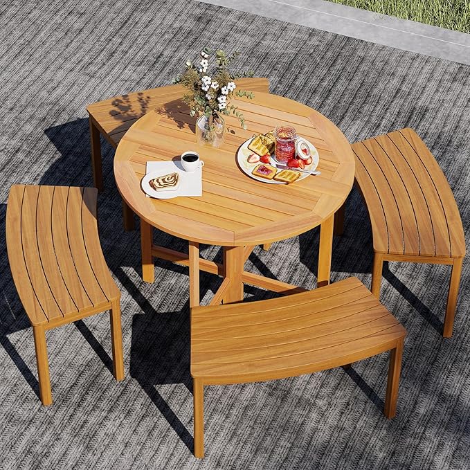 Tangkula 2 Pieces 36 Inches Outdoor Folding Round Dining Table, No Assembly Patio Acacia Wood Bistro Table with Slatted Tabletop, for Backyard, Porch, Balcony