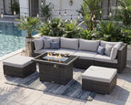 NICESOUL 6 Seats Modern Outdoor Furniture Set with Firepits Natural Gas/Propane, Extra Large Wicker Patio Sofa Sectionals for Outside, 29.3'' High Backrest Modular Deep Seated Conversations, Gray