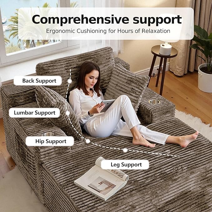 CHORRO67 Chaise Lounge Chair Indoor,Oversized Boneless Single Sleeeper Couch Bed,Corduroy Cloud Sofa with 3 Soft Pillows for Livingroom,Bedroom,No Assembly,(Khaki)
