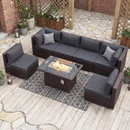 NICESOUL 7 Piece Large Size Outdoor Patio Furniture Set with Fire Pit, 29.3'' High Back Deep Seat Sectional Conversation Sets, Heavy Duty Modern Backyard Sitting, Brown Rattan and Dark Grey Cushion