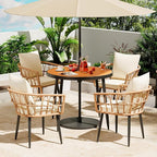 Pamapic 5-Pieces Patio Dining Set with Wood Table Top, All-Weather PE Rattan Patio Furniture Set, Outdoor Dining Furniture with Removable Cushion Chairs & Round Table for Garden Lawn Patio,Cream