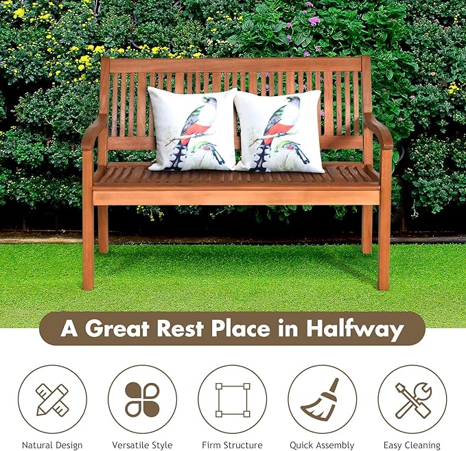 COSTWAY Wooden Bench Outdoor, Curved Armrest & Backrest, Sturdy Outdoor Wood Bench for Garden, Park & Porch, 25" D x 50" W x 36" H, Teak Colored