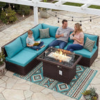 NICESOUL 6 Piece L-Shaped Patio Furniture Set with Fire Pit Table Natural Gas/Propane, 29.3'' High-Back Deep Wide Seat Outdoor Conversations, XL Big Fireplace Couches, Brown Rattan and Teal Cushion