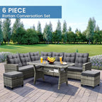 6-Piece Patio Furniture Set, Outdoor Sectional Sofa with Dining Table & Chairs, All-Weather Dining Set with Removable Cushion Covers, Ideal for Garden, Porch, Backyard, Grey