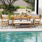 Tangkula 6 Piece Patio Dining Set for 5-6 People, 63” Outdoor Acacia Wood Table with 1.97” Umbrella Hole & Bench & 4 Cushioned Armchairs, for Deck Yard and Poolside