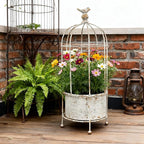 Planter: White Metal Birdcage Design, Rustic Style, 21.7 Inches Tall