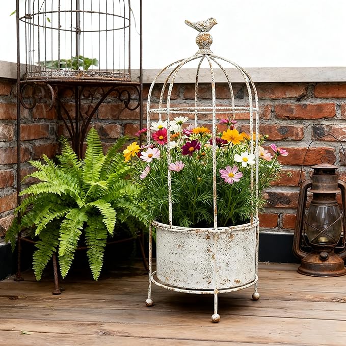 Planter: White Metal Birdcage Design, Rustic Style, 21.7 Inches Tall