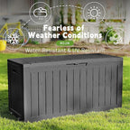 ROJIK Outdoor Storage Housing Deck Box - Waterproof Patio Furniture, Garden Tools, Cushions, Pool Accessories Storage Bench with Lockable Lid and Side Handles (Black 90 Gal)