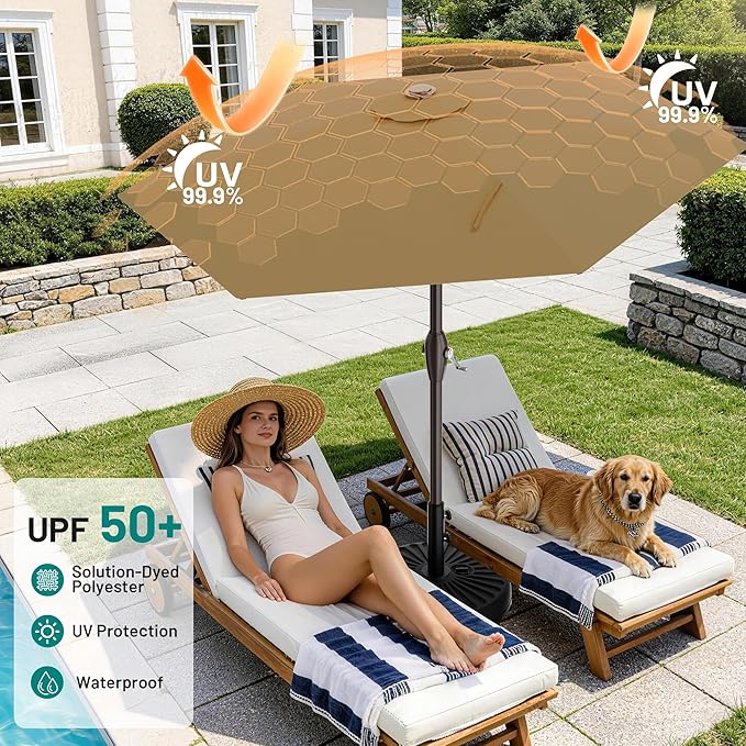 AreShark 7.5FT Patio Umbrella Table Market Umbrella with 6 Sturdy Ribs, Button Tilt/Crank, Heavy-Duty Outdoor Umbrellas for Pool, Deck, Garden and Backyard, Khaki