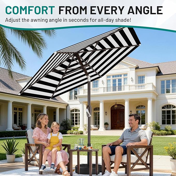 AreShark 7.5FT Patio Umbrella Table Market Umbrella with 6 Sturdy Ribs, Button Tilt/Crank, Heavy-Duty Outdoor Umbrellas for Pool, Deck, Garden and Backyard, Black & White Stripe