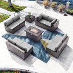 Kullavik 10 Pieces Outdoor Patio Furniture Set with 43" 55000BTU Gas Propane Fire Pit Table PE Wicker Rattan Sectional Sofa Patio Conversation Sets,Grey