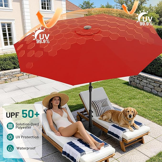 AreShark 9 FT Patio Umbrella for Outdoor, Outdoor Table Umbrella with Push Button Tilt and Crank, Outdoor Patio Umbrellas with 8 Sturdy Ribs for Market, Garden, Pool (Red)