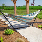 Vivere Brazilian Style Sunbrella Double Hammock with Steel Stand, Gateway Mist