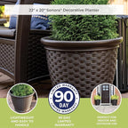 Suncast Sonora 22 Inch Plastic Wicker Indoor or Outdoor Decorative Garden Flower Planter for Entryways, Porch, and Backyard Patios, Dark Brown