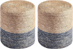 Wimarsbon Round Pouf Ottomans, Handwoven Natural Water Hyacinth Seagrass Pouffe,Outdoor Rattan Stool Accent Seat, Bohemian Coastal Home Decor (2pcs 14inch Natural Cattail-Blue)