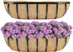 Y&M 2pcs 24 Inch Window Deck with Coco Liner, 24" Window Boxes Horse Trough with Coconut Coir Liner, Black Metal Hanging Flower Planter Window Basket Deck Railing Planter Boxes for Outdoor Indoor