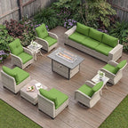 13-Piece Outdoor Patio Furniture Set with Rocking Swivel Chair, PE Wicker Rattan Sectional Sofa Patio Conversation Set with 55,000 BTU Fire Pit Table & Coffee Table, Avocado Green