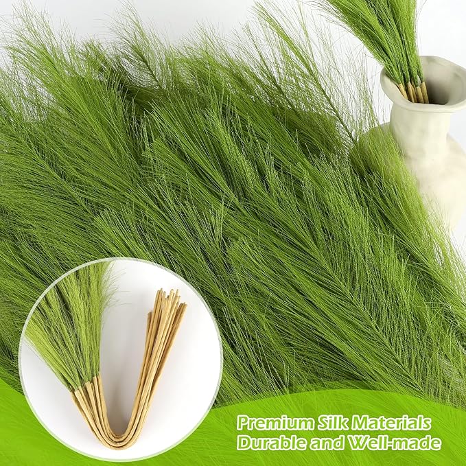 Faux Pampas Grass Stems 30 Pcs Green Silk and Paper Artificial Plants