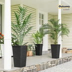 Outsunny 22.8 Inch Tall Planters for Outdoor Plants, Set of 3 Plastic Flower Pots with Stone Finish and Wheels, Stackable Tapered Planters with Drainage Hole for Indoor Plants, Front Porch, Black