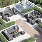 Aoxun 8 Piece Patio Furniture Set with 44” Fire Pit Table, Wicker Rattan Patio Sectional Sofa, Outdoor Furniture Set with Thickened Cushion, Grey
