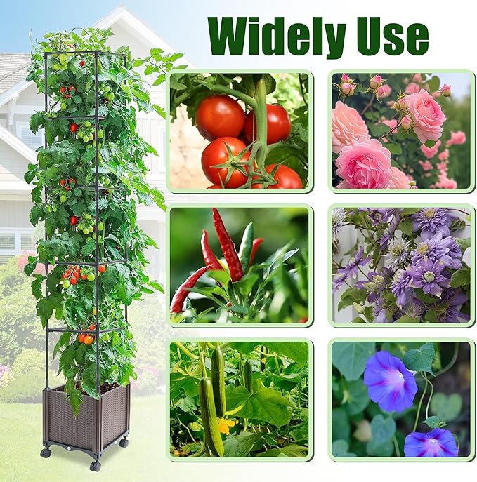 Raised Garden Bed Planter Box with Trellis, 74" Self-Watering Tomato Planters for Climbing Plants Vine Flowers Outdoor Patio, Tomatoes Cage with Wheels, 1Pack