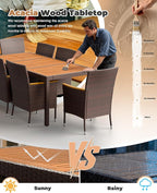 Flamaker 9 Piece Patio Dining Set Outdoor Acacia Wood Table and Chairs with Soft Cushions Wicker Patio Furniture for Deck, Backyard, Garden (Brown)
