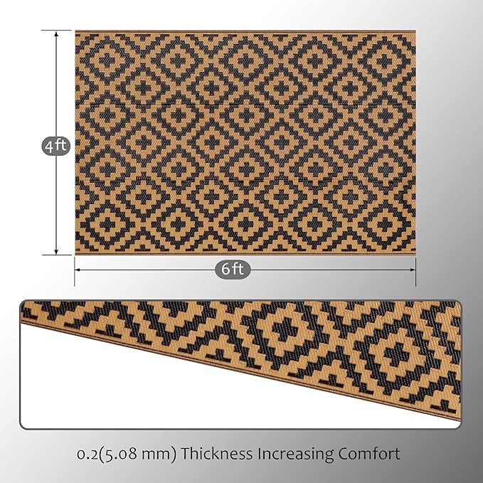 SAND MINE Waterproof Outdoor Rug 4x6 ft, Plastic Straw Area Rug, Large Floor Mat for Outdoors, RV, Patio, Backyard, Deck, Picnic, Beach, Trailer, Camping, Black & Brown Lattice