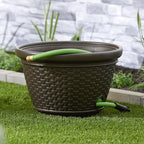 Suncast 4 Pack Wicker Hose Pot, Decorative Resin Garden Hose Storage, 100ft 5/8in Standard Vinyl Hose Capacity with 4 Drain Holes, 18in x 12in, Java
