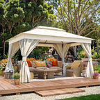 LAUSAINT HOME Semi-Permanent Outdoor Patio Gazebo 10'x13', Heavy Duty Party Tent Shelter with Double Roofs, Mosquito Nettings and Privacy Screens for Backyard, Garden, Lawn, Cream White
