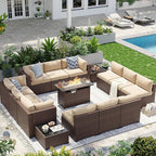 Aoxun Patio Furniture Sets, 15-Piece Outdoor Patio Furniture with 44'' Propane Gas Firepit Table, Wicker Outdoor Conversation Set Sectional Sofa for Backyard, Poolside, Garden