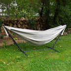 Vivere Double Sunbrella Hammock with Space-Saving Steel Stand, Heavy-Duty Portable Outdoor Hammock Set for Backyard, Patio, or Travel, Dove