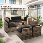8-Piece Patio Furniture Set, Outdoor Wicker Rattan Sectional with Thick Cushions, Glass Top Table with Hidden Storage, Outdoor Conversation Set for Backyard, Porch, Patio, Black