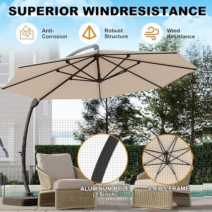 GarveeLife 11FT Cantilever Patio Umbrella With Base Included, Cantilevers Outdoor Umbrella Heavy Duty Offset, Aluminium Curved Cantilever Umbrella