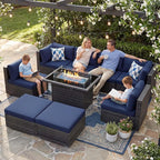 NICESOUL 9 Piece Oversized Outdoor Patio Furniture Set, 29.3'' High Back Comfy Sectional Sofa Set with Firepit Natural Gas & Propane, Deep Seating Conversation Couches, 2 Color Cushion Navy & Gray