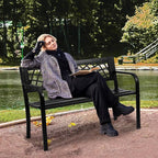 VEVOR Outdoor Bench, 46" Iron Steel Frame Garden Park Bench with Mesh Pattern and Plastic Backrest Armrests, Patio Bench for Garden, Park, Yard, Front Porch