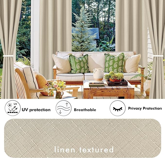 Outdoor Curtains, 4 Cream Linen-Blend Panels 54x95 Inch Waterproof