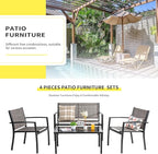 Shintenchi 4 Pieces Patio Furniture Set All Weather Textile Fabric Outdoor Conversation Set, with Glass Coffee Table, Loveseat, 2 Single Chairs for Home, Garden, Lawn, Porch（Light Brown）