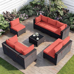ALAULM Patio Furniture Set with Coffee Table, 9 Pieces Outdoor Sectional with Wide Seat and Thick Cushion, All Weather Wicker Rattan Conversation Set for Backyard, Garden, Deck, Red