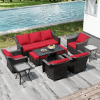 Joyside Wicker Patio Furniture Sets, 10 Pieces Upgraded Large Size Outdoor Furniture with 4 Swivel Rocking Patio Chairs, 3-Seat Sofa, Outdoor Ottoman, Thick Cushions, Wide Armrest, Red