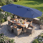 Tangkula 9 Piece Rattan Outdoor Dining Set with 13Ft Umbrella for 6, Outdoor Wicker Table Set with 6 Cushioned Armchairs, Acacia Wood Top, Outdoor Umbrella & with Base Included