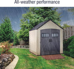 Rubbermaid Resin Outdoor Storage Shed with Floor (7 x 7 Ft) Weather Resistant, Brown Gable, Organization for Home/Backyard/Garden Tools/Lawn Mower/Bike Storage/Pool Supplies