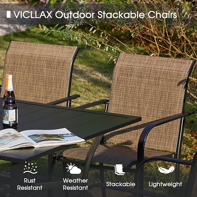 VICLLAX Large Patio Dining Furniture Set, Outdoor Dining Set for 10-60" Round Outdoor Table and Patio Stackable Chairs, Walnut Wood-Like Tabletop and Brown Fabric