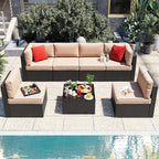 Vongrasig 7 Pieces Patio Furniture Sets, Outdoor Patio Conversation Set PE Rattan Wicker Sectional Sofa Couch with Glass Coffee Table for Garden, Poolside, Backyard, Beige